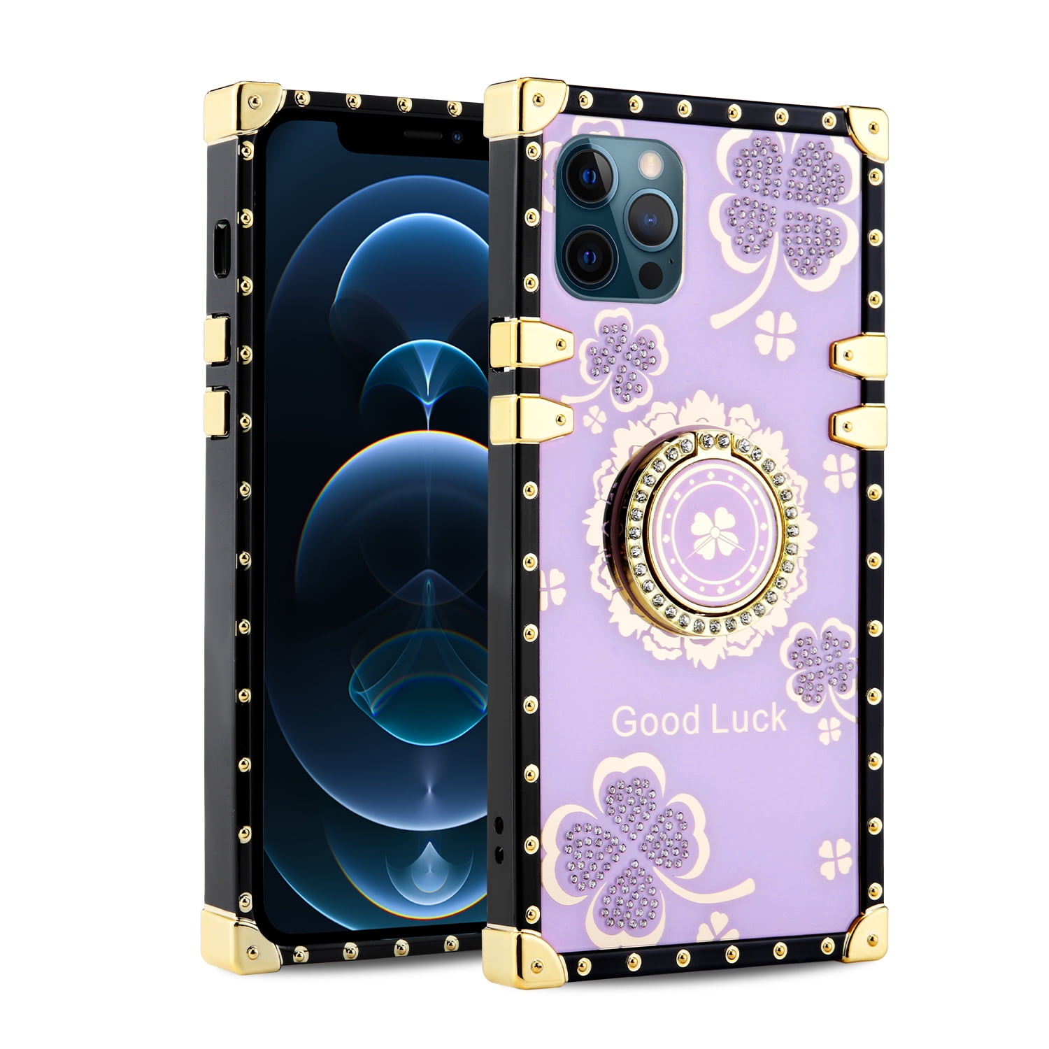 Purple iPhone 12 Pro Case Wallet Design Silicone iPhone 12 Case for Women Men with Card Holder Sleeve & Diamond Finger Ring Grip Soft Slim Protective Phone Case for iPhone 12/12 Pro 6.1 Inch 