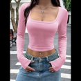 thumbnail image 4 of Top Corto de Larga con Cuello Cuadrado para Mujer, Acanalado, Ajustado, para Salir, Estilo Y2K, Informal, Básico, Camiseta Rosa L, 4 of 7