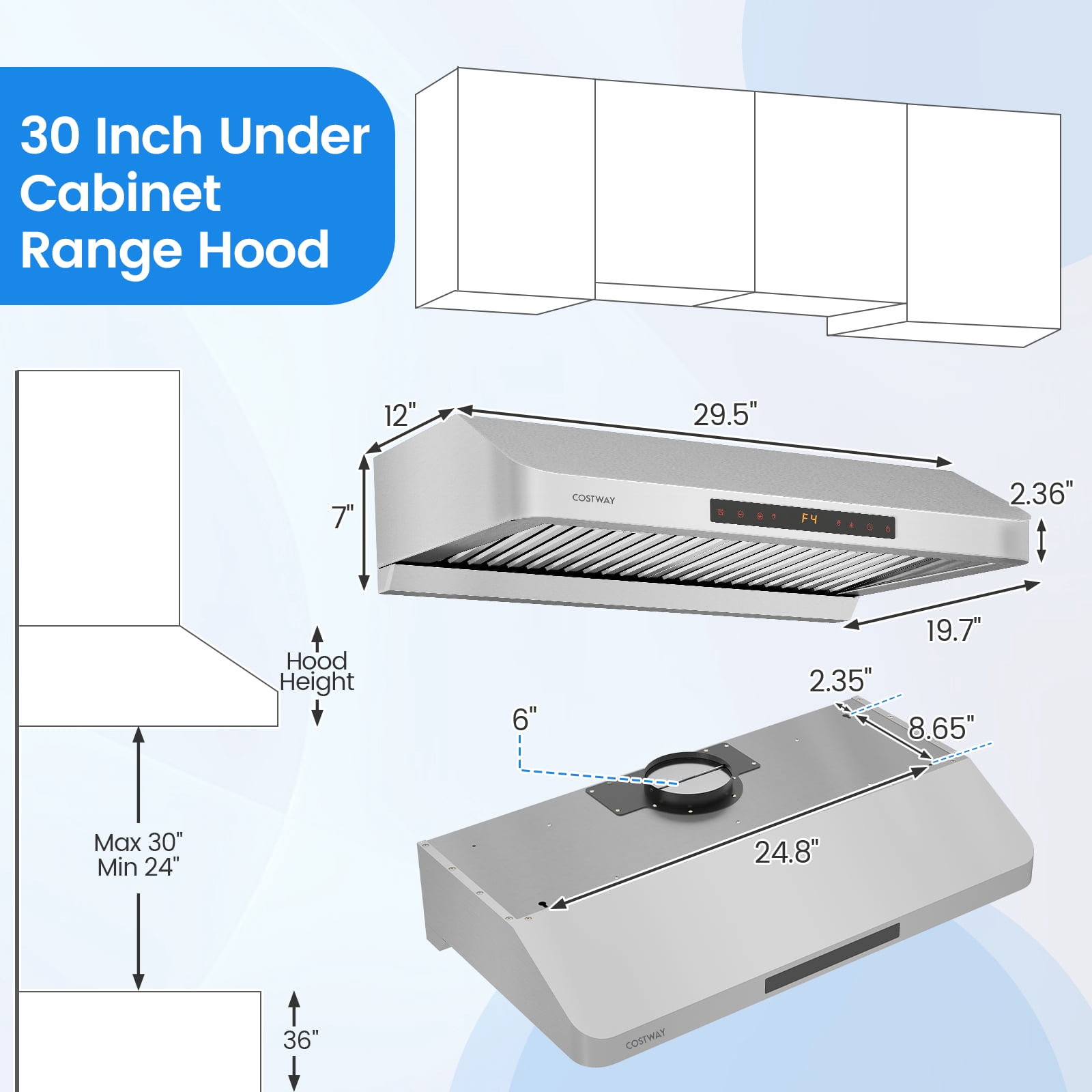 Gymax 30 Inch 900 CFM Under Cabinet Range Hood w/Oil Collector 4 Fan SpeedsTimer