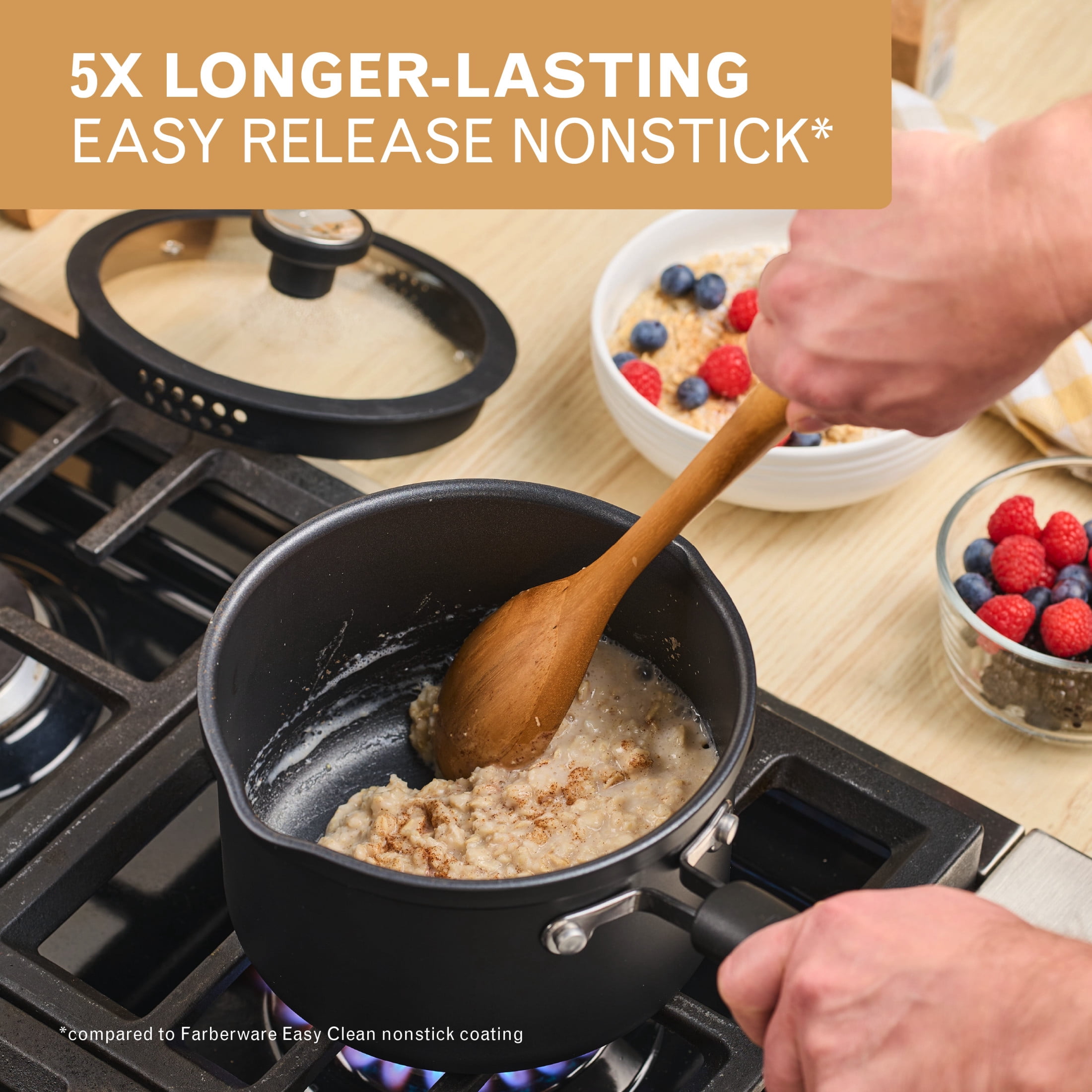Farberware TrueCook Nonstick 3 qt Straining Saucepan with Lid, Dishwasher Safe, Black