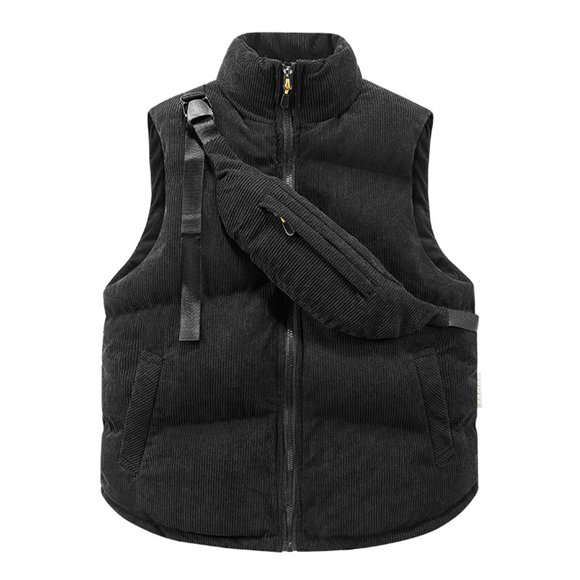 YIFUNIN Men's Corduroy Vest with Backpack, Winter Fashion Waistcoat Sleeveless Warm Thick Jacket, Stand Collar Casual Layering Piece Black 3XL
