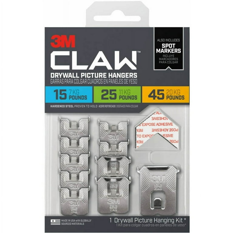 3M CLAW Drywall Picture Hanger - 45 lb (20.41 kg), 25 lb (11.34 kg), 15 lb (6.80 kg) Capacity - 2 3M CLAW Drywall Picture Hanger - 45 lb (20.41 kg), 25 lb (11.34 kg), 15 lb (6.80 kg) Capacity - 2