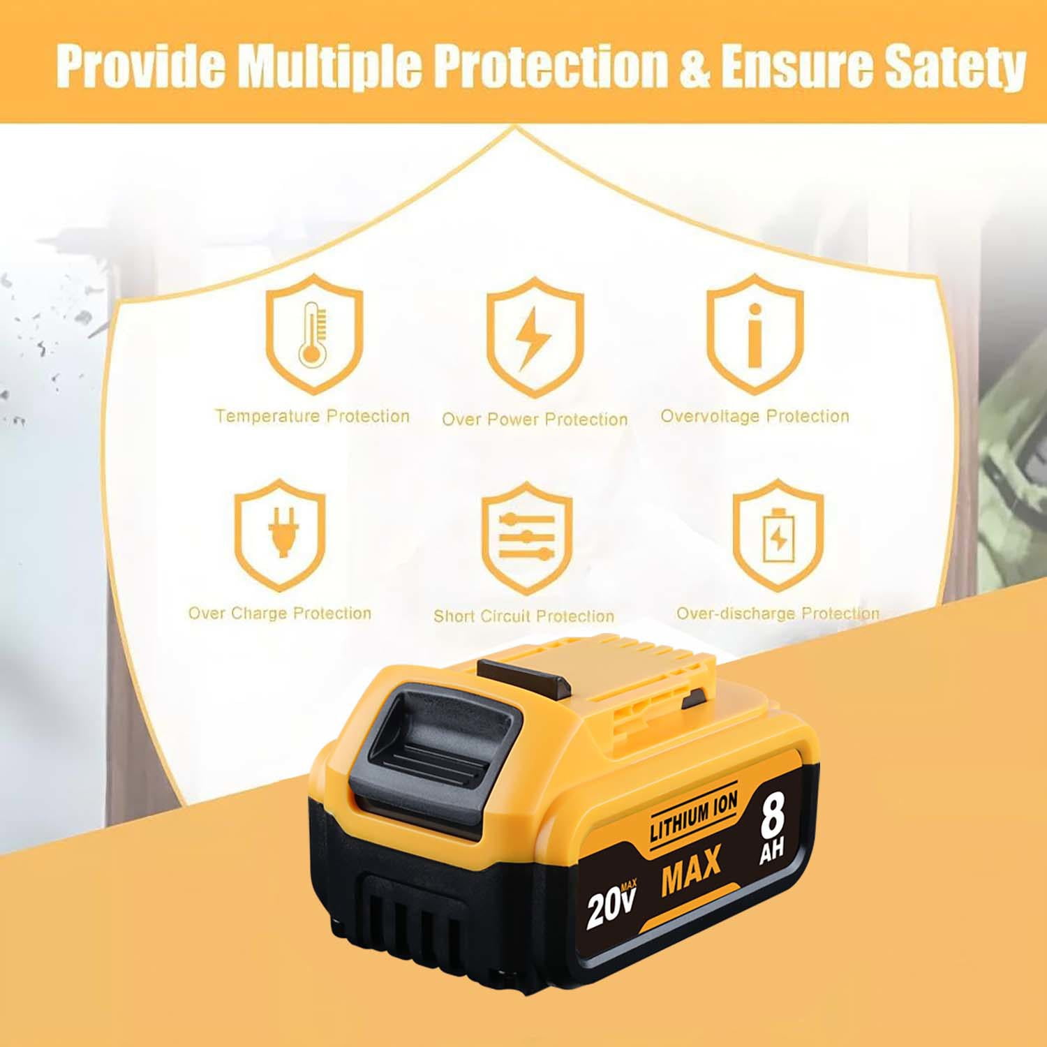Persever 1Pack 8.0Ah DCB205 Replace for Dewalt 20V Max Li-on Battery Pin, DCB201 DCB180 DCB203 DCB204 DCB206 Suit for 20V Cordless Power Tools and Li-on Chargers,with LED Indicator