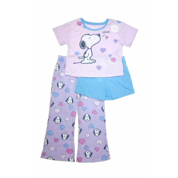 Snoopy Girl's Purple Character and Heart Print 3-Piece Pajama Set (Small 6/6X)