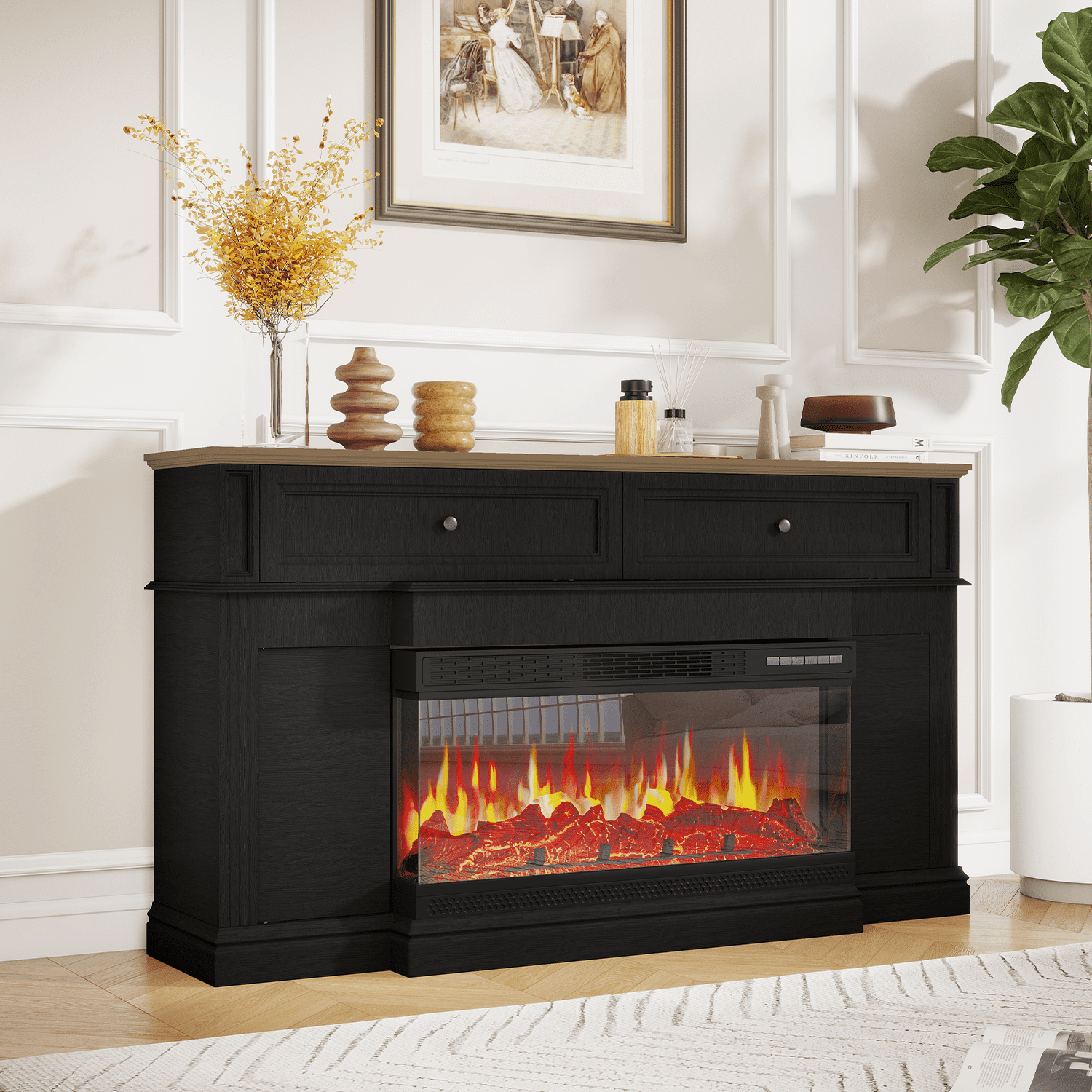 Sonegra Fireplace TV Stand for TVs up to 70" with 36" Fireplace, Farmhouse Entertainment Center with Fireplace, Wooden Media Console for Living Room, Black