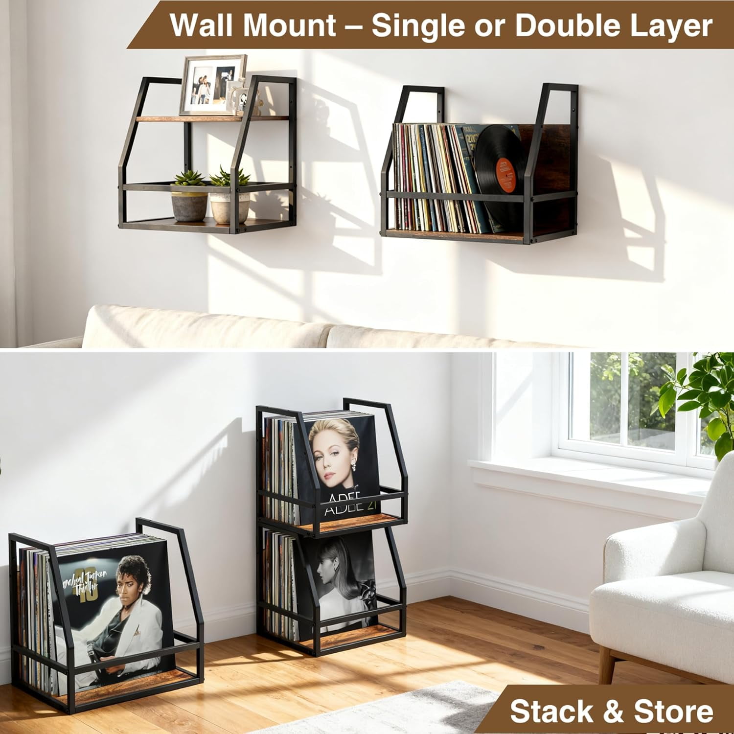 Y&M 2 In 1 Vinyl Record Storage Crate, 2 Pack Wood LP Holder, Wall Mount or Desktop Metal Album Organizer, Holds 80+ Records, Multifunctional Stackable Magazine Display Shelf, Brown