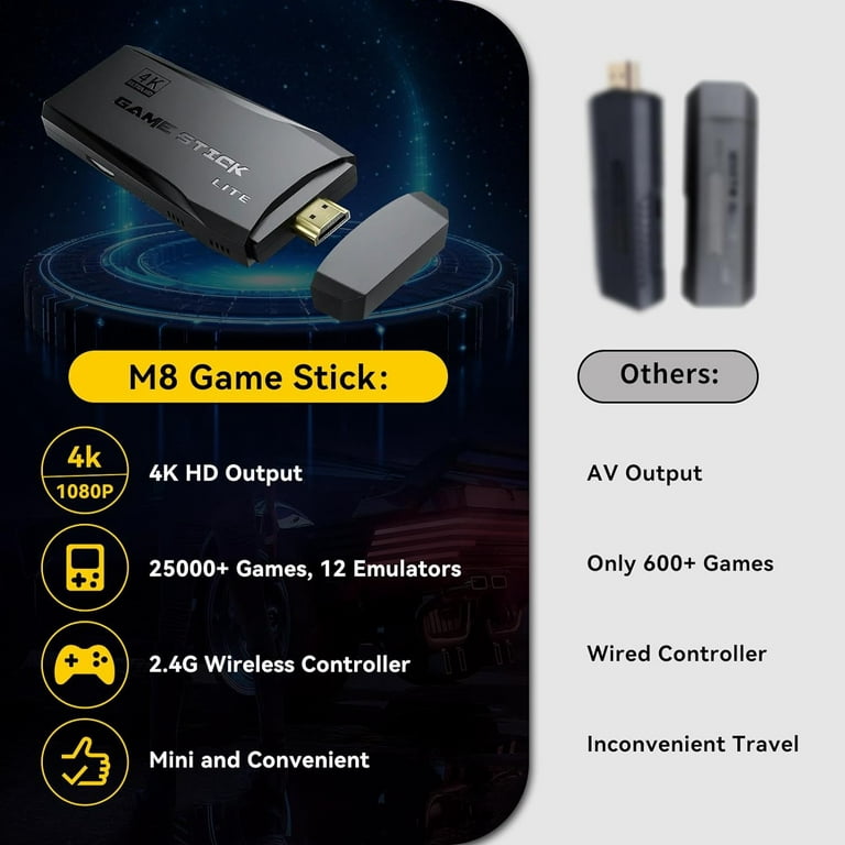 Retro Game Stick 64G, 25,000+ Nostalgic Stick Games Built-in Retro Game  Console, 12 Emulators, 4K HD Output, Plug and Play Game Stick Lite for TV