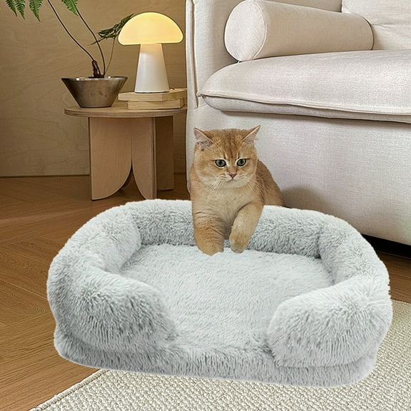 Calming Dog and Cat Bed, Plush Fluffy Pet Cushion, Raised Edges Soft Indoor Kennel Bed, Non-Slip Bottom, Cozy Pet Sleeping House(Gray, 15.74x11.81x4.72in)