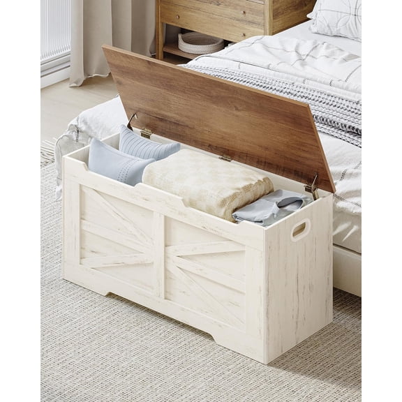 39.4" Storage Chest, Extra Large Storage Trunk with 2 Hinges, Wooden Box Bench, Lift-Top Organizer Chest, Shoe Bench for Entryway, Bedroom, Living Room, White and Brown SB03414X