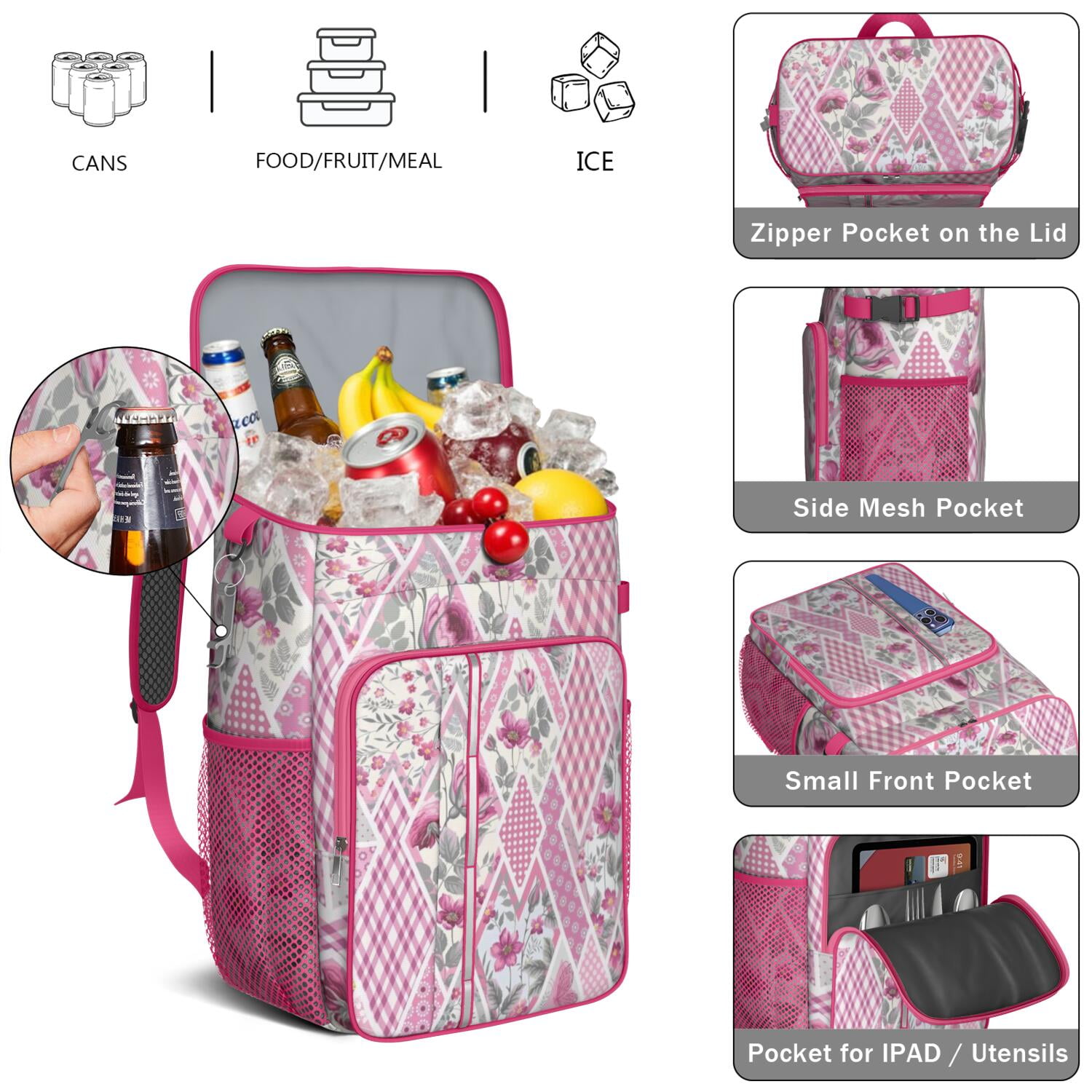 Travel Cooler Bag - Pioneer Flower Floral Print Pattern Camping Beer Cooler Backpack with Bottle Opener- Waterproof Insulated Picnic Backpacks - Cooler Bag for Beach
