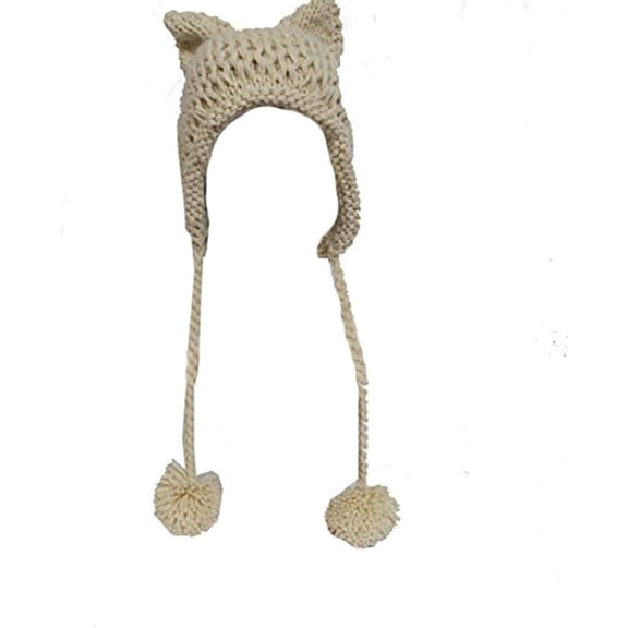 Hot Pink Pussy Cat Beanie for Women's March Knitted Hat with Pom Pom Ear Cap