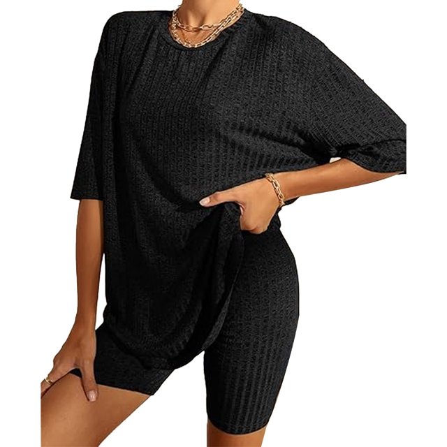 Conjunto de pijamas con pantalones cortos para mujer, cuello redondo, Color puro, alta elasticidad, 2 piezas, ropa de descanso de verano