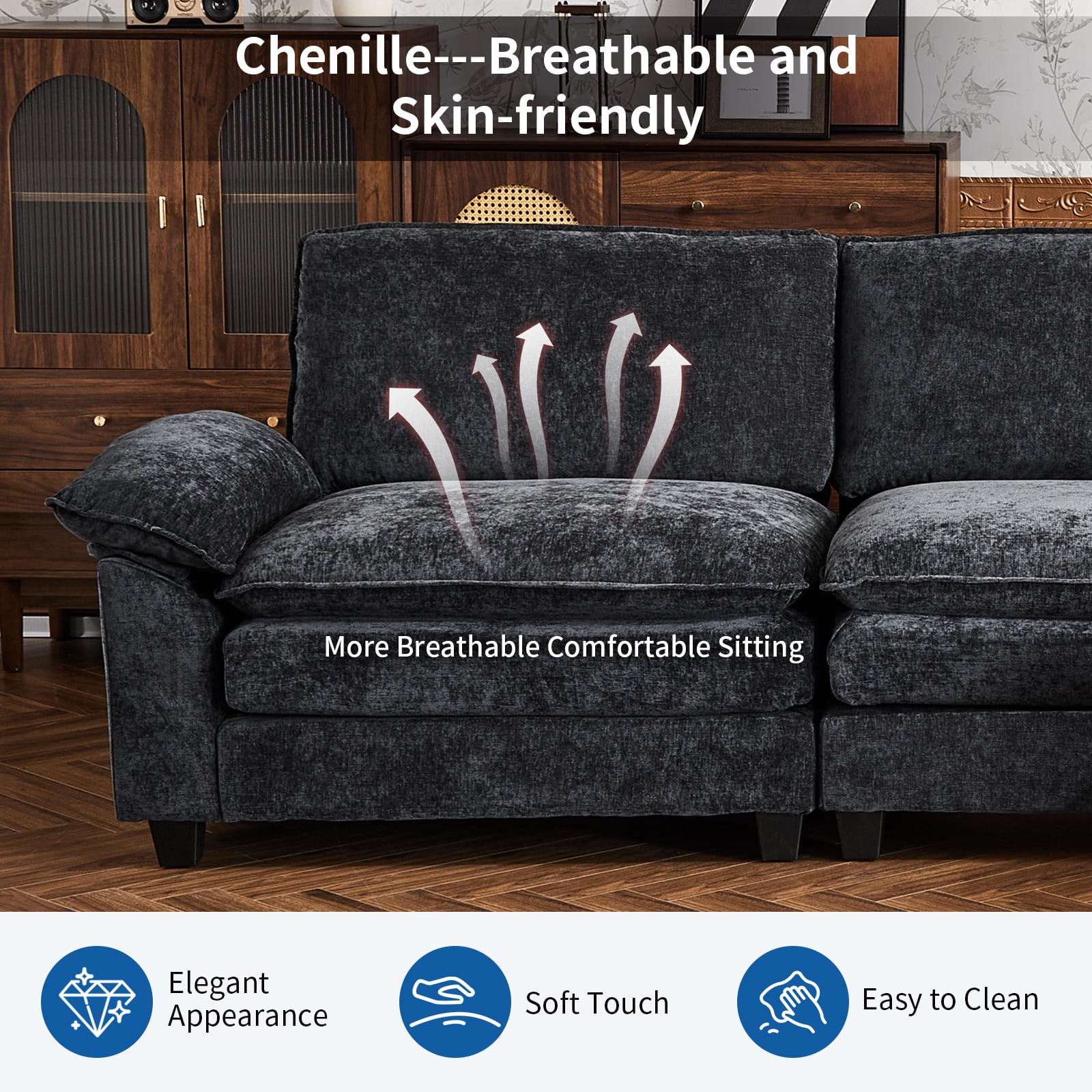Capri 122" Oversized Sectional Couch, L Shaped Cloud Couch, Convertible Sofa Set for Living Room, Chenille, Black