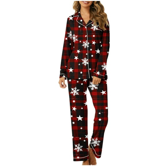 Tnhcen Seasonal Christmas Snowflake Print Women’s Pajama Set Long Sleeve Button Front Top Pants Soft Pjs Lounge Homewear S-3XL