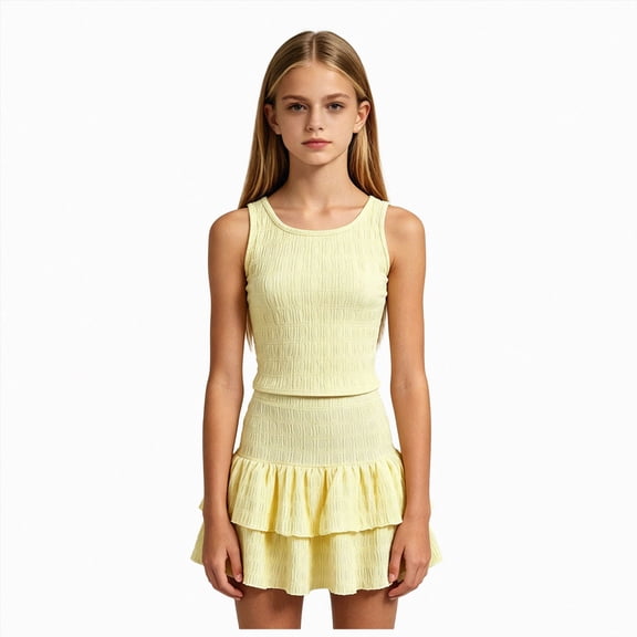 Gubotare Girls Outfits Youth Sets Cute Clothes for Girls Crisscross Crop Tank Top Pleated Skirt Tween Girl Trendy Summer Outfit Kid Clothing Set Size 11 (Light Yellow,11 Years)