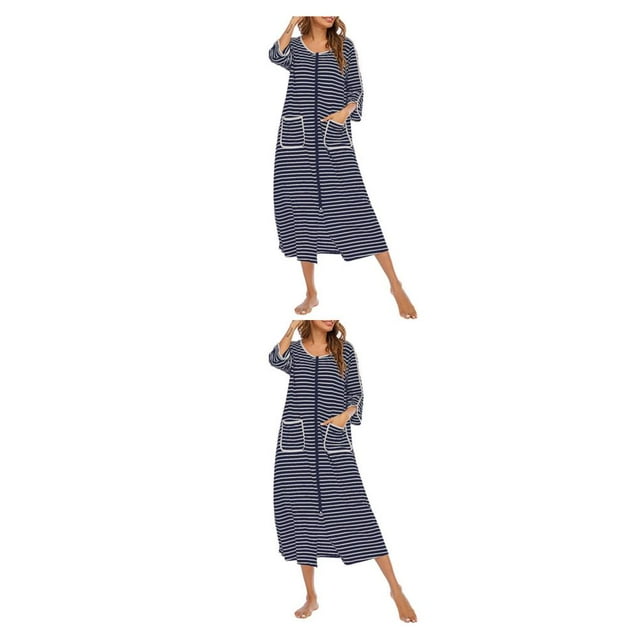 yingyy 1/2/3 Polyester Robe de Nuit Femme Décontractée Col Rond Manches Longues Double Poche Respirante Robe de Maison Vêtement de Nuit Bleu Foncé TTG 2 Pcs