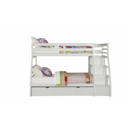 95" X 56" X 65" Twin Over Full White Storage Ladder And Trundle Bunk Bed