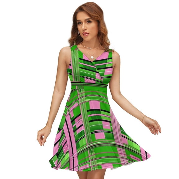 Plaid Pink & Green Dress Summer Street Style Dresses Female Sleeveless Printed Sundress