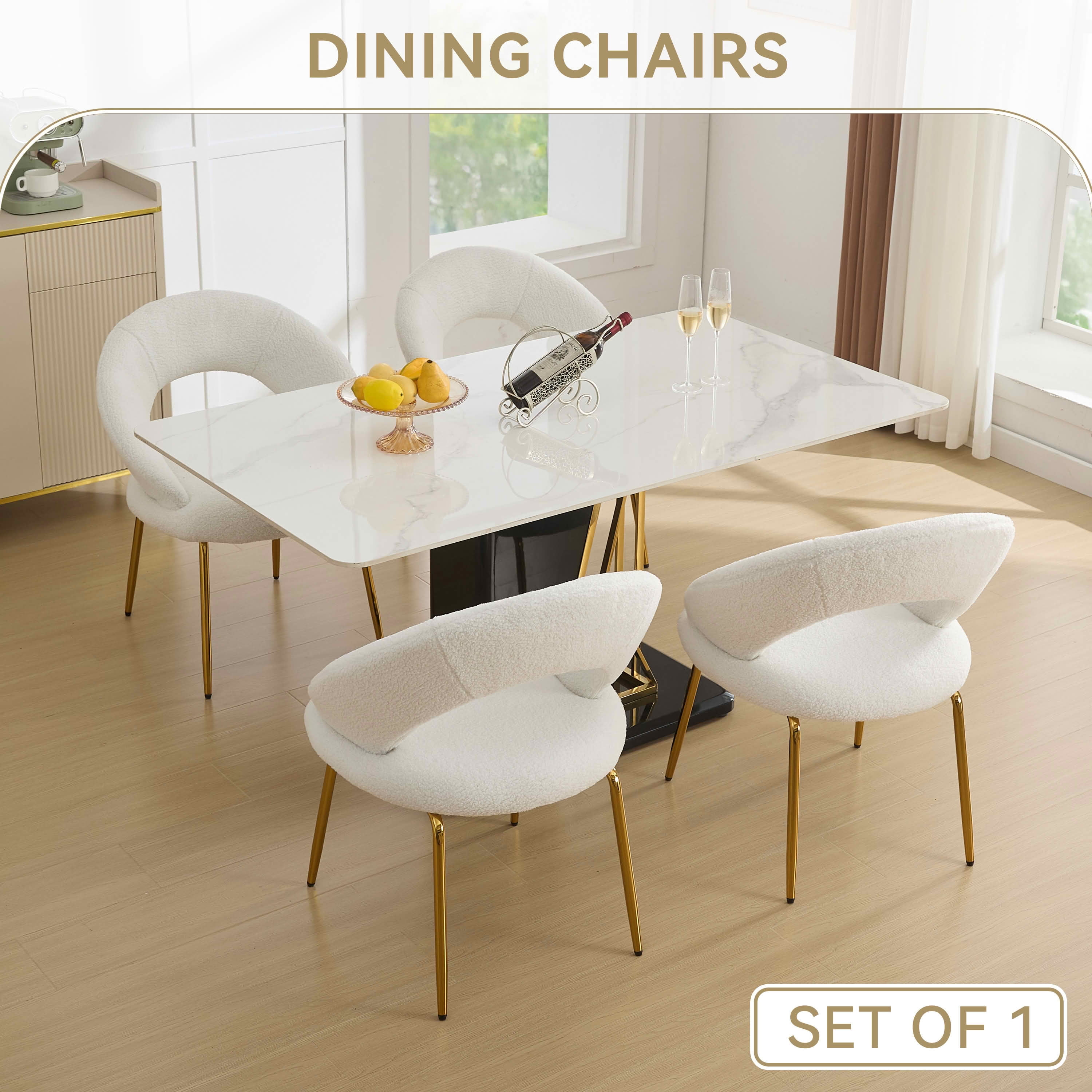 MAYEERTY Set of 1 Teddy Fabric Dining Chair, Curved Backrest & Golden Metal Legs, for Kitchen & Dining Room, White