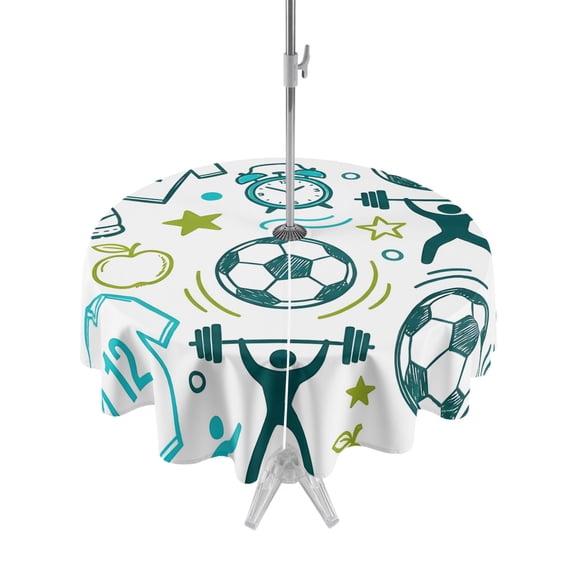 Outdoor Tablecloth with Umbrella Hole for Patio/Picnic/Party/Camping, Football Cartoon Waterproof Table Cloth Round Cover Washable, Funny Sport Weightlifting Playful (Dia 54")