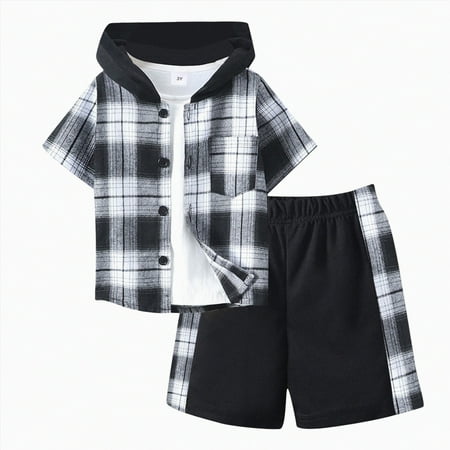 Tkrady Boys Fashion Outfits Spring Summer New Short Sleeve Hood Plaid Tops Shorts 2 Piece Set Sizes 2-9 Years