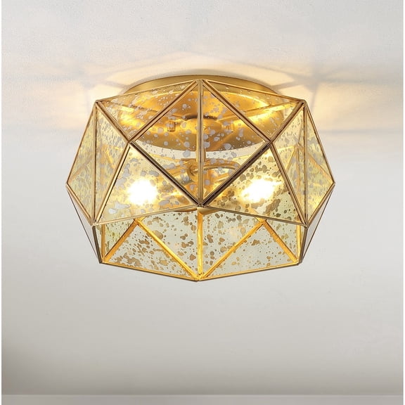 JONATHAN Y Violet 12.5" 2-Light Industrial Vintage Iron/Glass LED Flush Mount, Brass Gold, JYL9927A