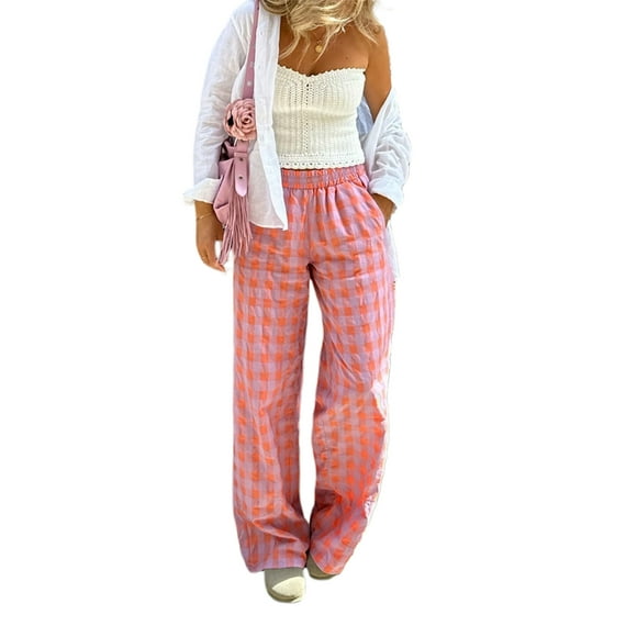 Gupgi Red Plaid Pants for Women Wide Leg Lounge Long Pants Gingham Print Elastic Waist Trousers