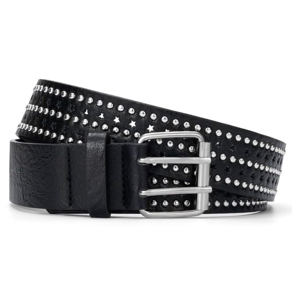 Punplita Women's Belt Studded with Star Holes  Rivets Punk Black Leather Belt
