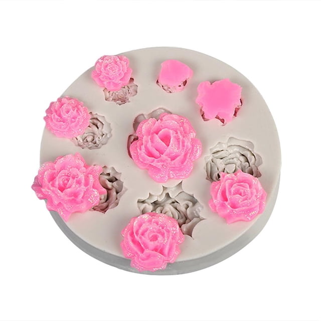 silicona con forma de flor 3d para decoración de tartas, moldes para fondant de chocolate y azúcar de gelatina de silicona Molde redondo blanco de silicona con cavidades para rosas y margaritas en varios tamaños; vista cenital con piezas rosas de fondant desmoldadas, material flexible fácil de desmoldar, rosas ≈9.7 cm y margaritas ≈9.3 cm; ideal para decorar pasteles y también apto para crear adornos de chocolate o gelatina.