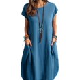 thumbnail image 4 of Vestidos transpirables de lino y algodón para mujer, ropa holgada informal y cómoda con cuello redondo y bolsillos dobles, Color sólido, Verano, 4 of 5