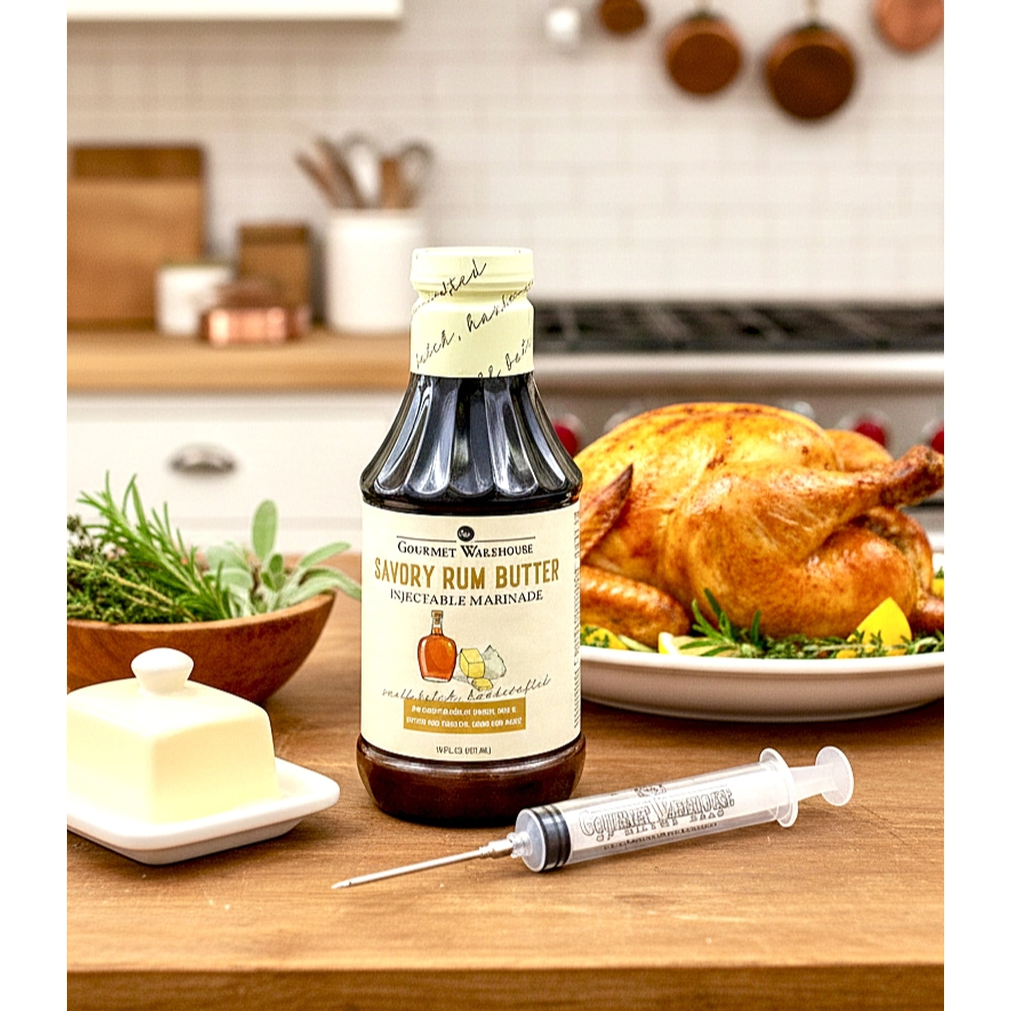 Gourmet Warehouse Savory Rum Butter Injectable Marinade, 16 fl oz – Includes Marinade Injector for Poultry and Roasts
