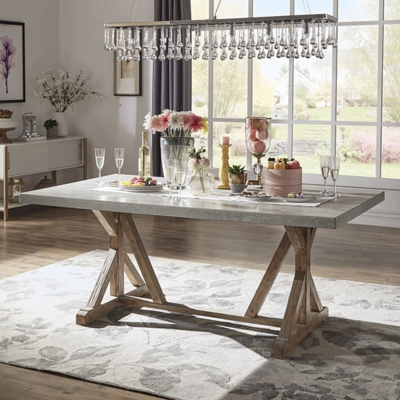 Weston Home Rustic Rectangular Concrete Top Dining Table, Brown Finish