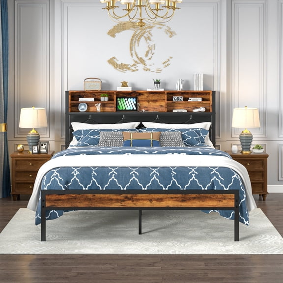 VECELO Queen Bed Frame with Bookcase Headboard, Metal Platform Bed with LED Light & Charging Station, Storage Bed with Heavy Duty Slats Support, No Box Spring Required, Brown
