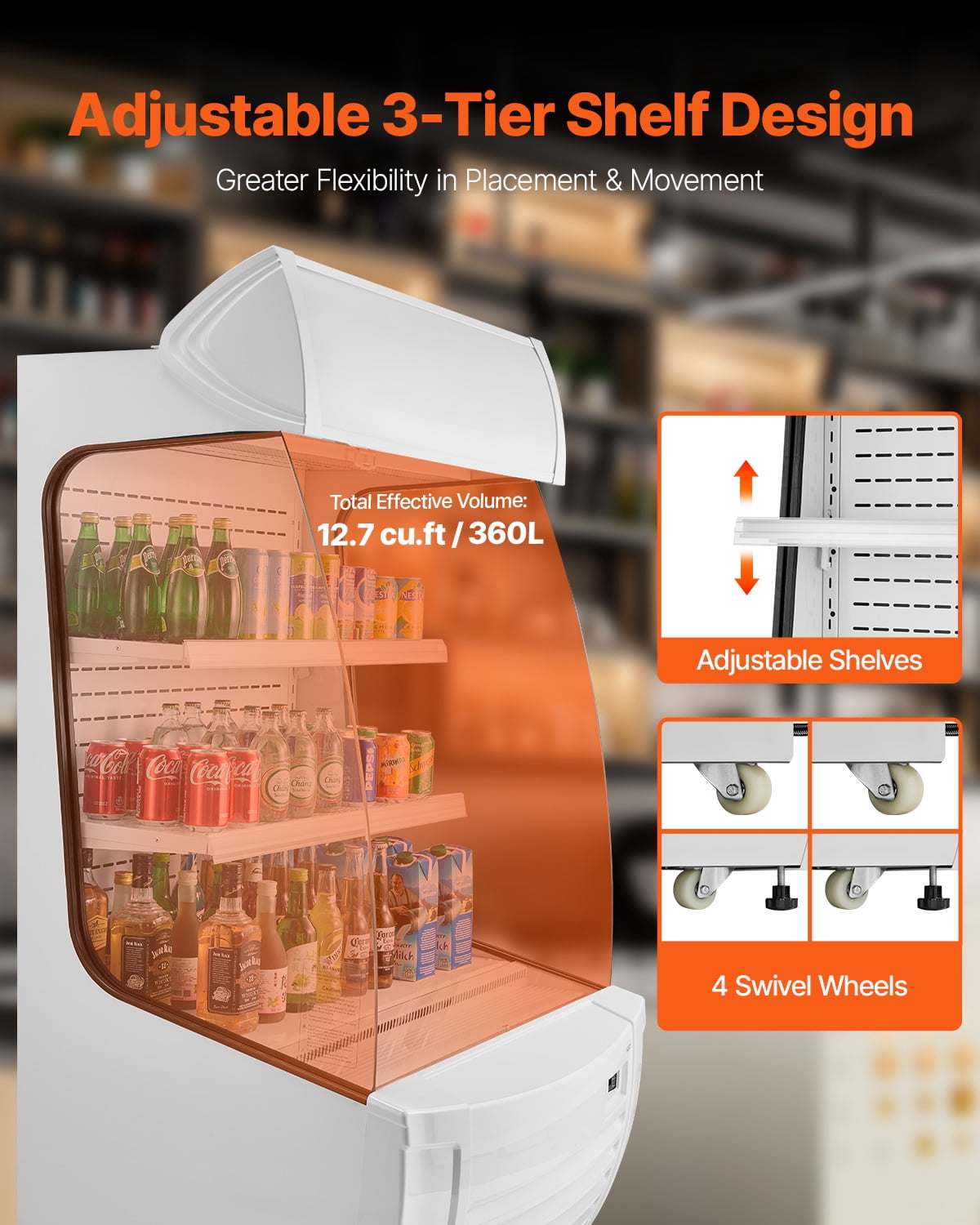 VEVOR Open Air Merchandiser, 2-Tier Shelving Commercial Refrigerator, Grab and Go Display Cooler Refrigerator with Air Curtain, LED Advertising Light, Fits for Restaurants, Stores, Office, 12.7cu.ft.