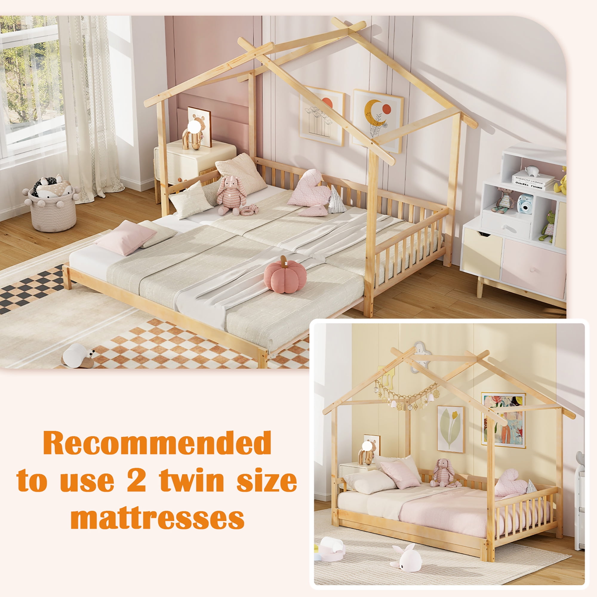 Gymax Wooden House Bed Twin to King Daybed w/ Safety Rails & Decorable Roof Natural