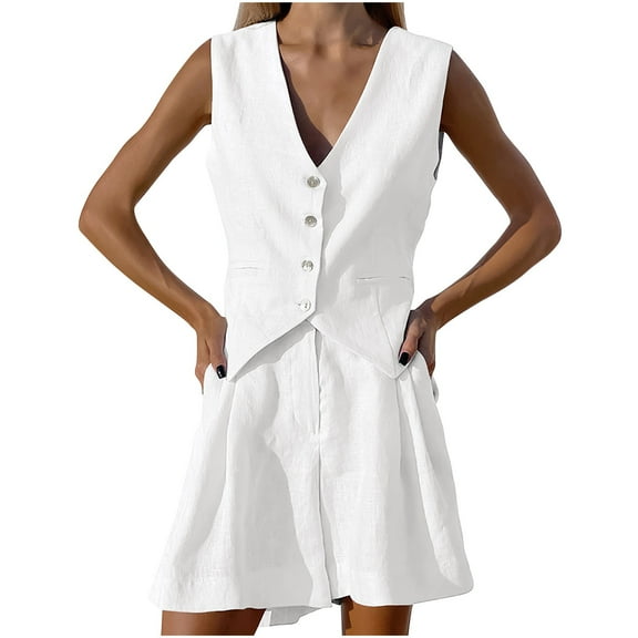Blazer Short Sets Women 2 Piece Outfits Business Suit Sleeveless Button Vest Shorts and Blazer Sets White Dressy Casual Suits Ladies Elegant Wedding Formal Sets
