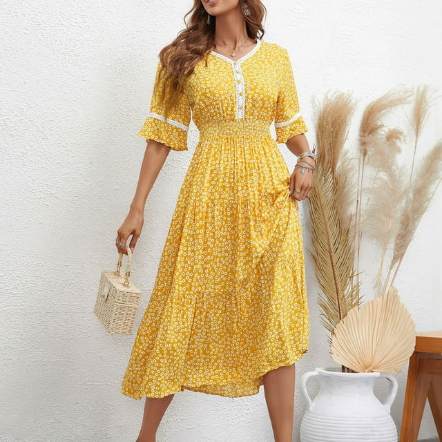 LOVZFMLL Women Fashion Fallow Short Sleeve-Neck Lace Button Dress Yellow M