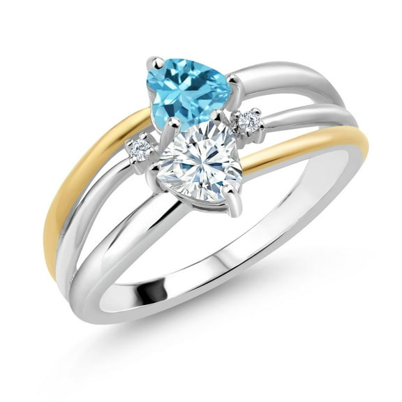 Gem Stone King 925 Silver and 10K Yellow Gold Swiss Blue Topaz and White Moissanite and White Lab Grown Diamond Band Ring for Women (0.99 Cttw, Gemstone November Birthstone, Heart Shape 5MM, Size 8)