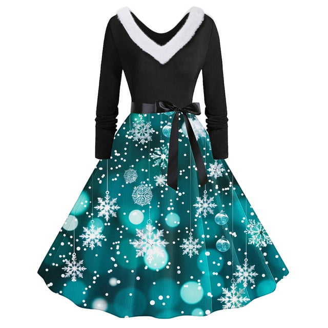 RKSTN Robes pour Femmes Imprimé de Noël Col en V Taille Cintrée Manches Longues Robe Rétro Coupe Ample Robes