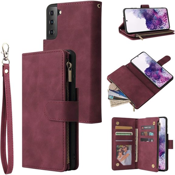 Wallet Case for Samsung Galaxy S21 Plus, Premium Vintage PU Leather Magnetic Closure Handbag Zipper Pocket Case Kickstand Card Holder Slots with Wrist Strap TPU Shockproof Flip Case - Wein Red