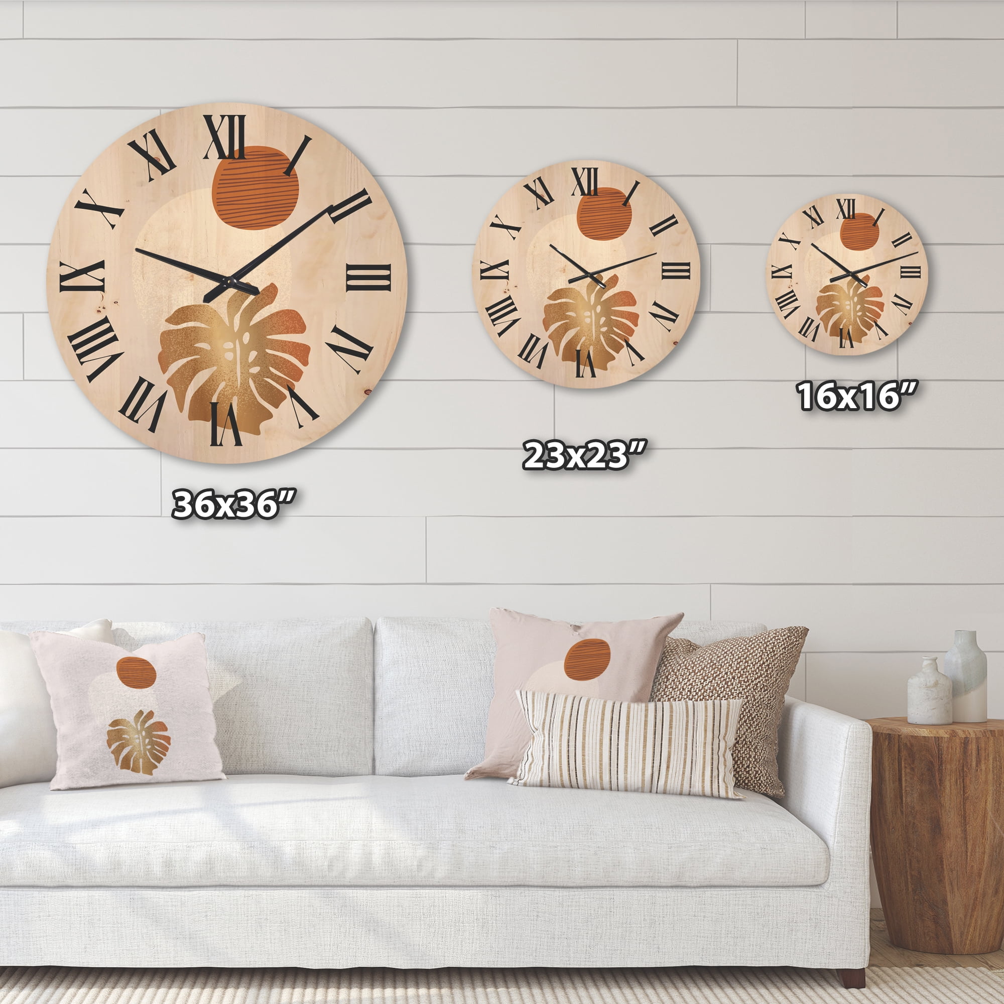 Designart 'Abstract Geometry Shapes and Tropical Palm Leaf II' Modern Wood Wall Clock