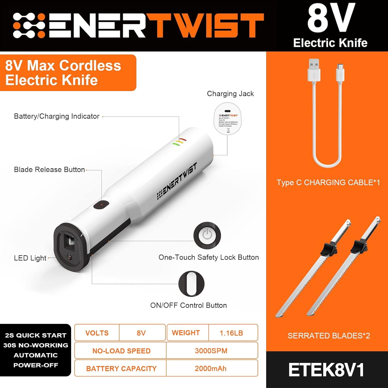 Cordless Electric Knife Carving for Meat Turkey and Bread, 8V Battery Powered Electric Knife with 4 Stainless Steel Blades, Safety Lock