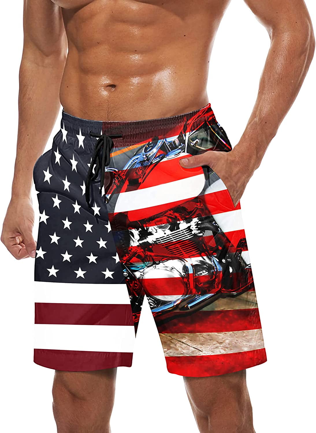 Men's Motorcycle Flag Mens Swim Trunks Quick Dry Board Shorts with Mesh