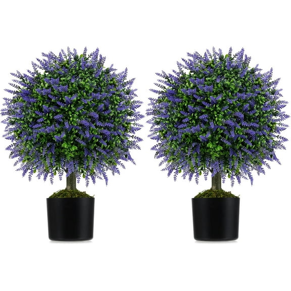 GOFLAME Artificial Lavender Topiary Ball Trees Set of 2, 23” Faux Potted  with Cement-Filled Nursery Pot, Sun-Protective Fake Evergreen Shrubs Bushes for Indoor Outdoor Home Porch Garden