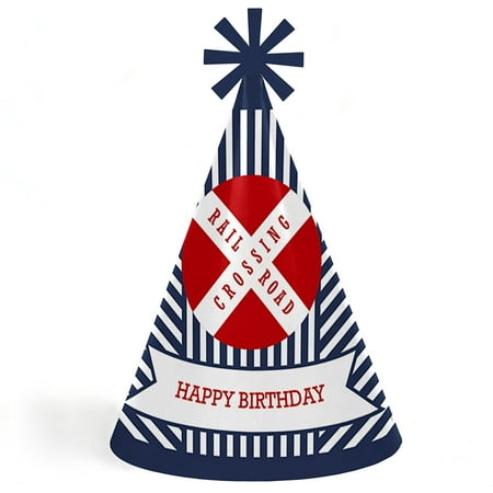 Railroad Party Crossing - Steam Train Cone Happy Birthday Party Hats for Kids and Adults - Set of 8 (Standard Size)