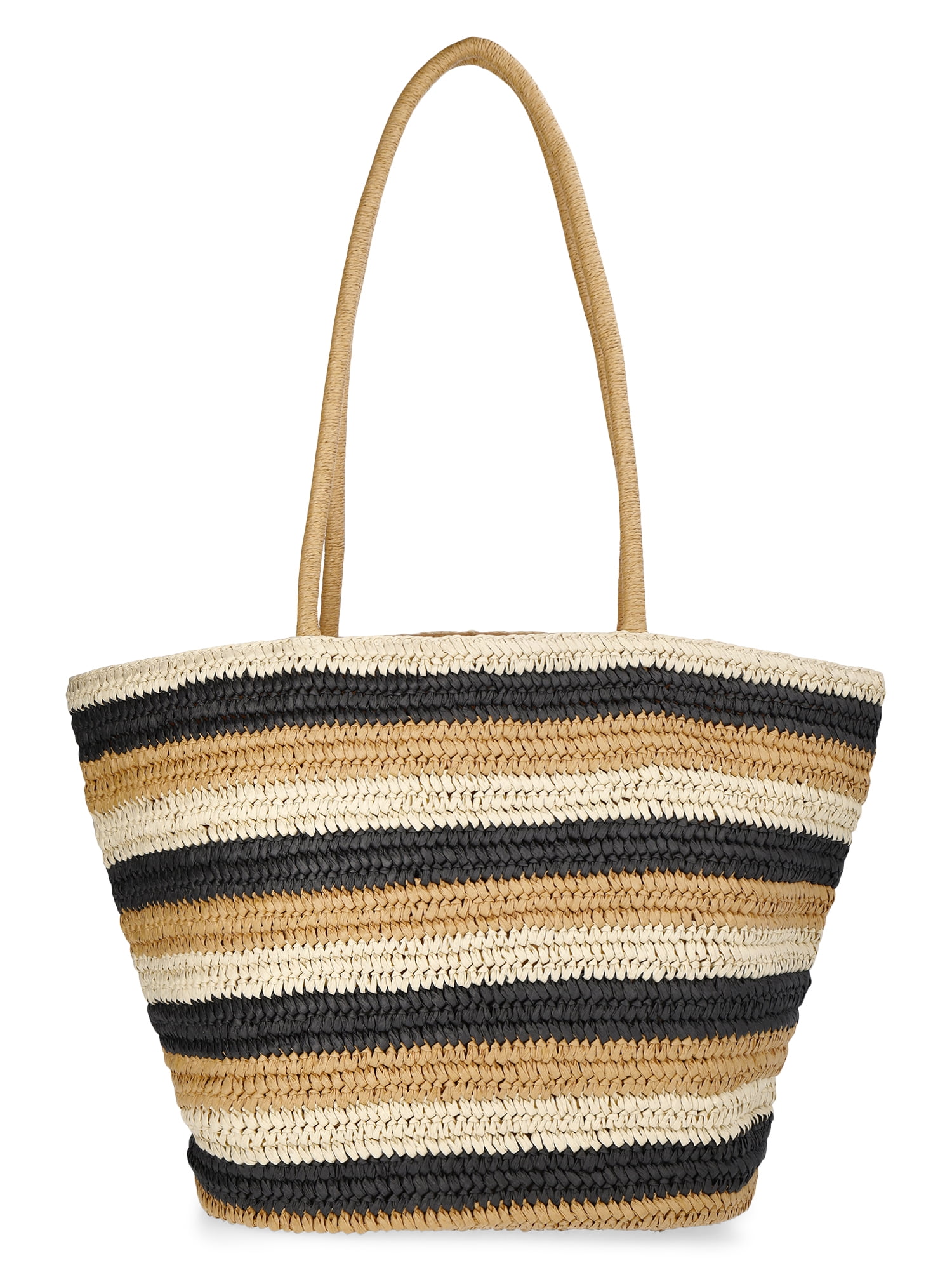 Time and Tru Women's Striped Straw Tote Bag, Natural