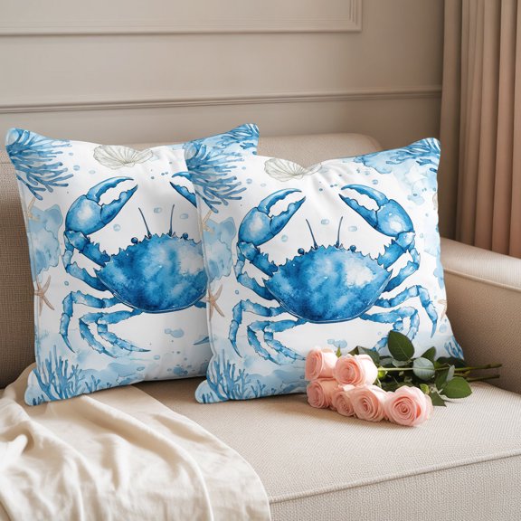 Outdoor Throw Pillow Covers,Coastal Crab Blue Coral Waterproof Decorative Pillowcases Cushion Cover Summer Ocean Starfish Shell Pillow Cases for Patio Couch Sofa Bed,18x18in Set of 2