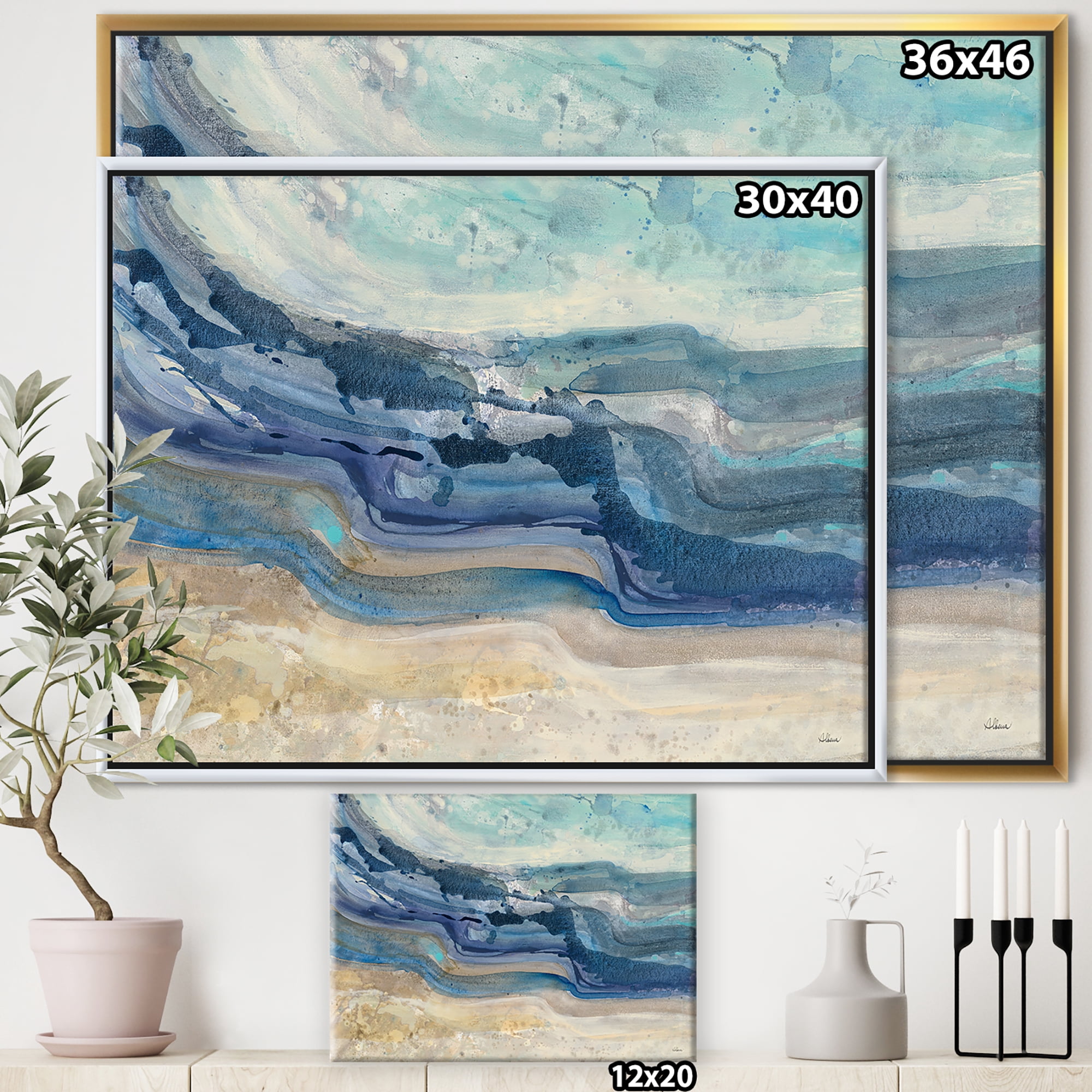 Designart ' Coast Blue Sea Waves Watercolour ' Modern Farmhouse Framed Canvas