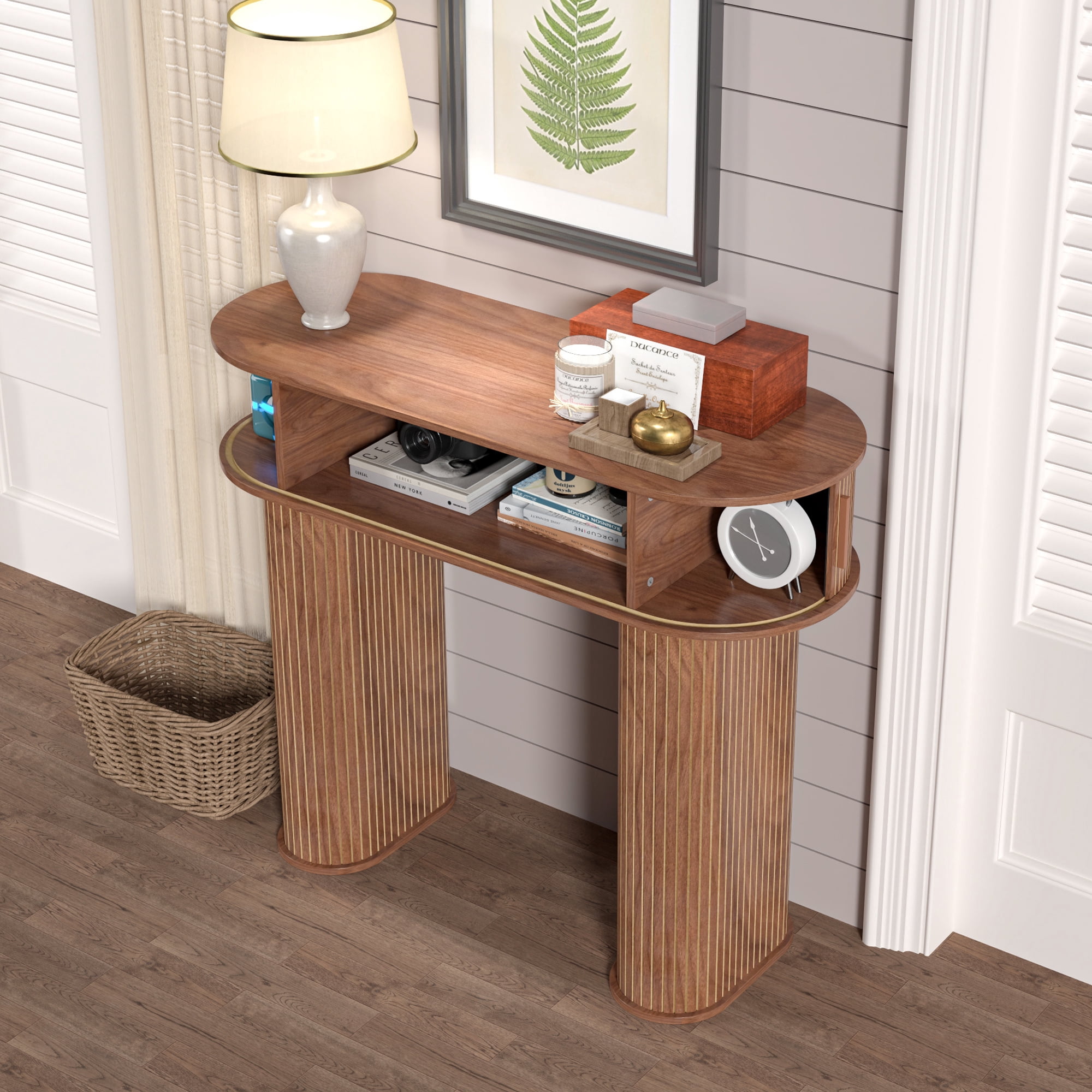Furtivusia Console Table with Storage, Entryway Table with Sliding Door, Wood Sofa Table for Living Room, Foyer, Hallway, Walnut Color