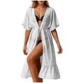 thumbnail image 2 of Pounoo Women's Beach Cover Ups V Neck Short Sleeve Chiffon Cover Ups Beach Vacation Style Lightweight Breathable Drawstring Waist Ruffle Hem Loose Fit Cover Ups Gift, 2 of 8
